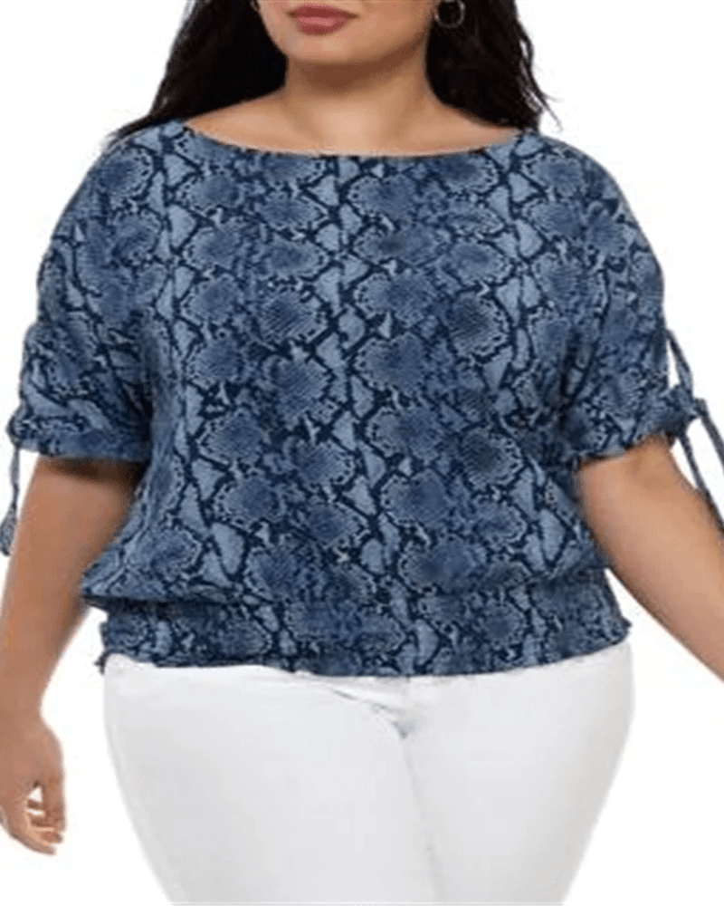 Front of a model wearing a size 2X Michael Kors Women's Plus Snake Print Tie Sleeve Top Blue Size 2X in Blue by Michael Kors. | dia_product_style_image_id:311268